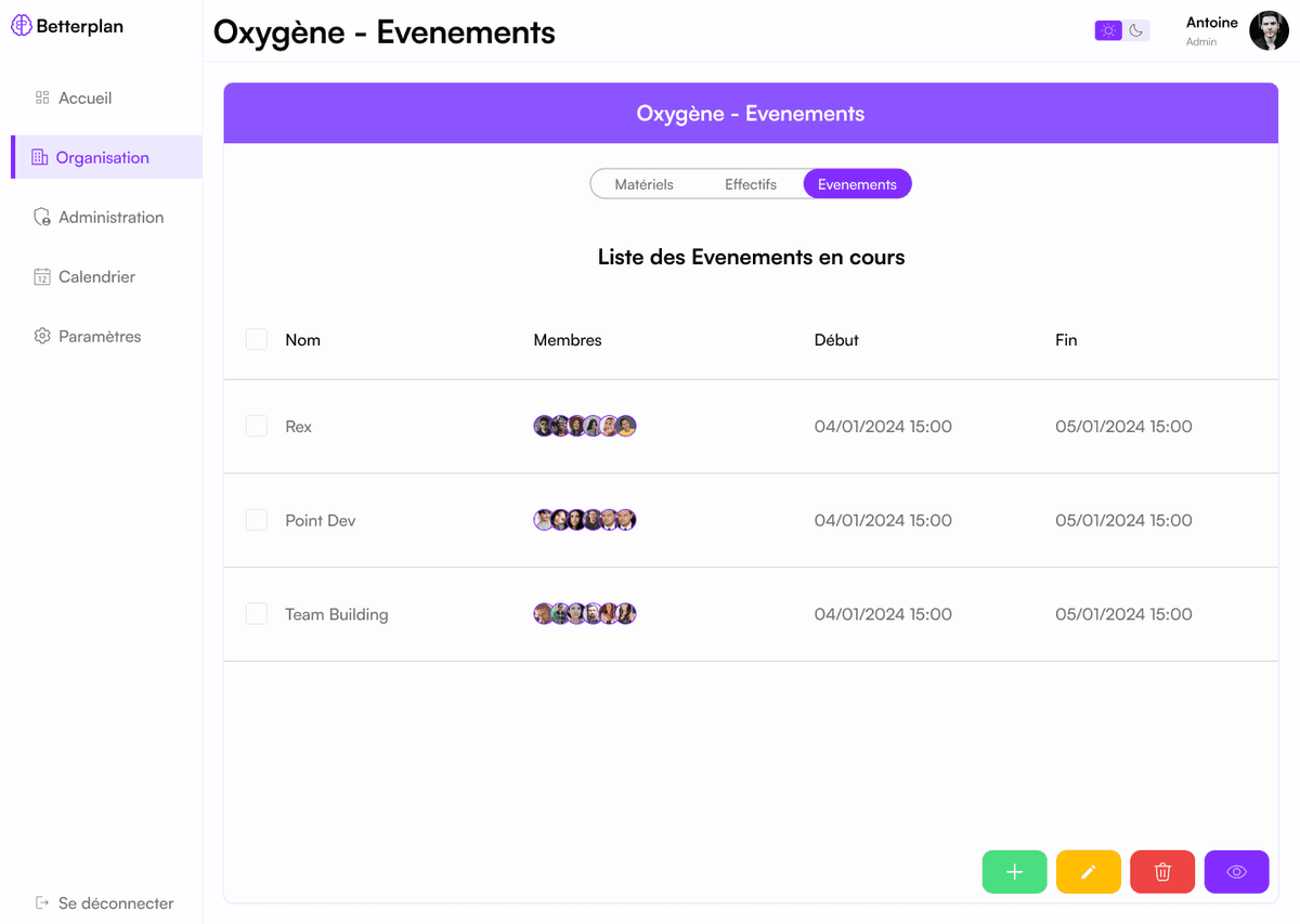 Evenements d'une salle